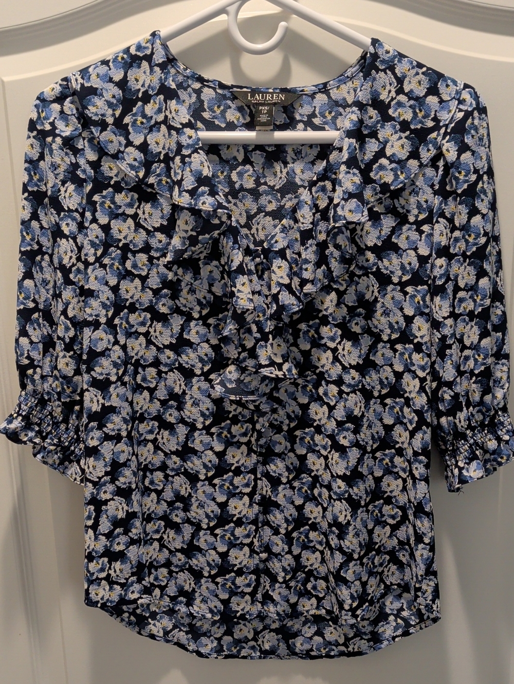 Lauren Ralph Lauren Navy and Light Blue Floral Ruffle Blouse, Size XSP